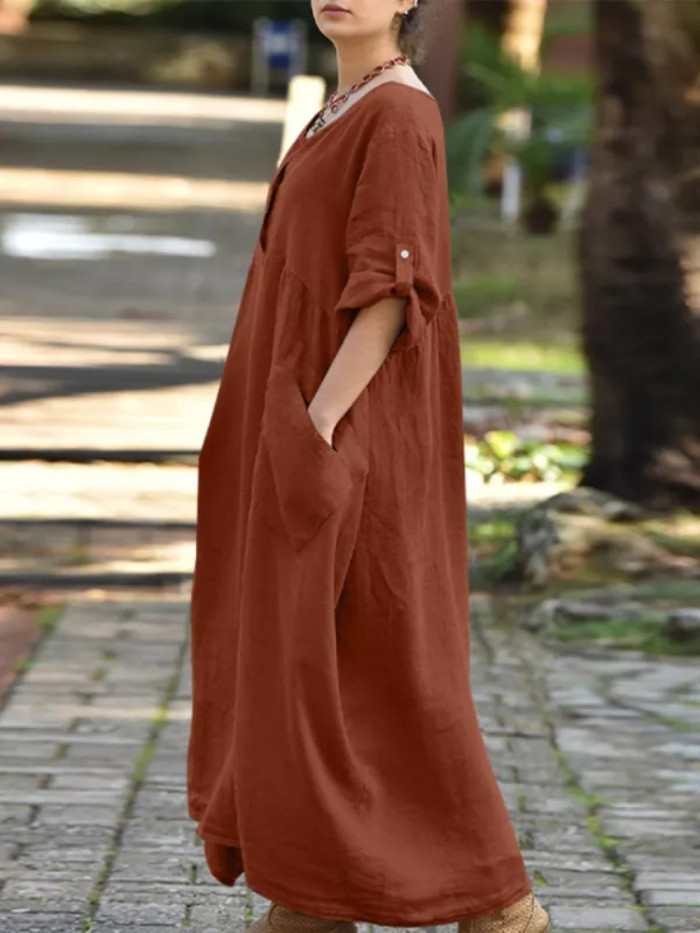 Women Casual Large Size O-Neck Fashion Cotton and Linen Maxi Dress