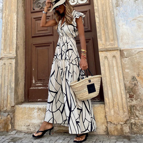 Bohemian Fashion Sleeveless Ruffle Casual V-Neck Loose Pleated  Maxi Dress