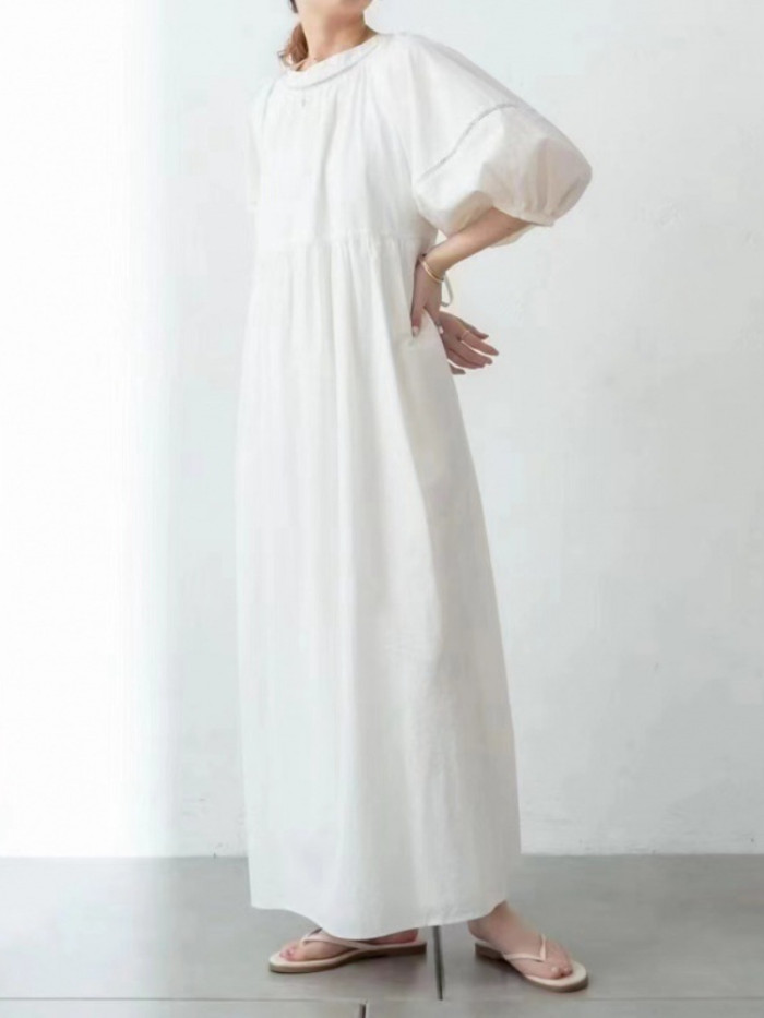 Women's V-Neck Loose Casual Comfortable Puff Sleeve Cotton Maxi Dress