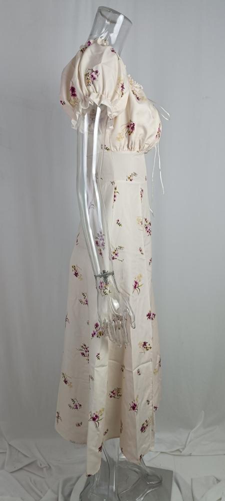 Floral Puff Sleeve Strapless Drawstring Prom Retro Sexy Elegant Slit Vacation Dress
