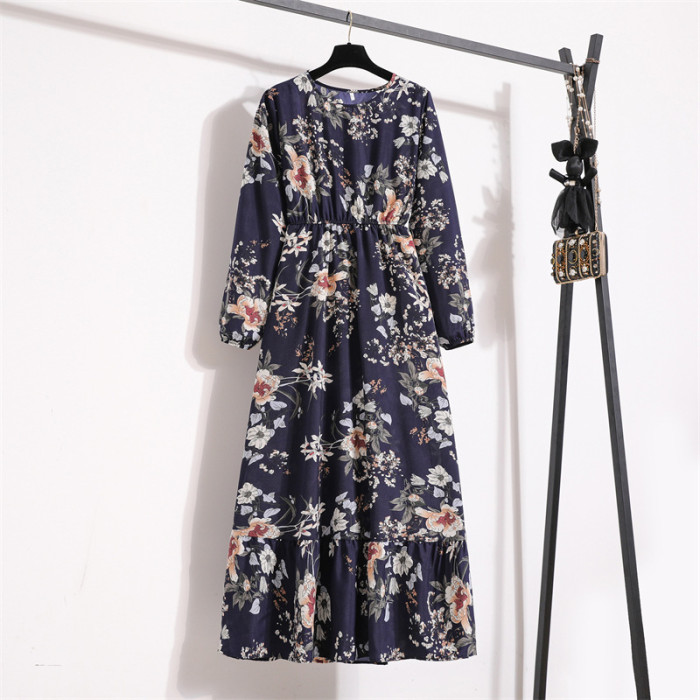 Women Casual Solid Full Sleeve Floral Print O-neck Party Maxi Dress