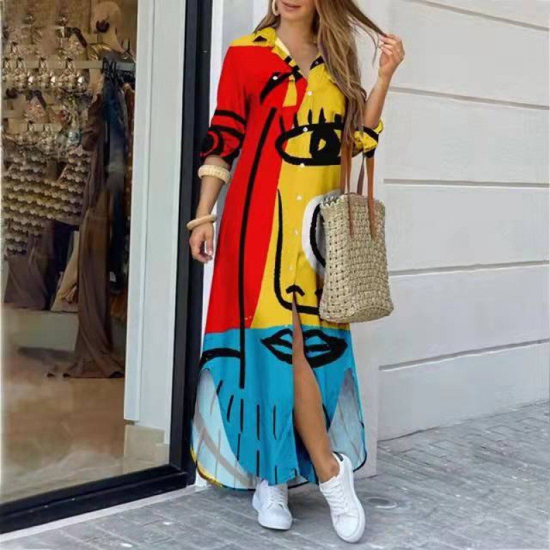 Women's Fashion Single Breasted Lapel Long Sleeve Printed Bohemian Shirt Maxi Dress