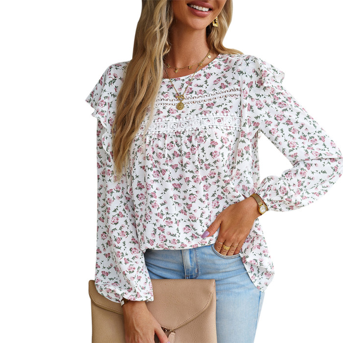 Women's Floral Round Neck Long Sleeve Blouse Shirt