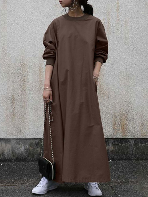 Women's Fashion Casual Pullover Long Sleeve Round Neck Vintage Maxi Dress