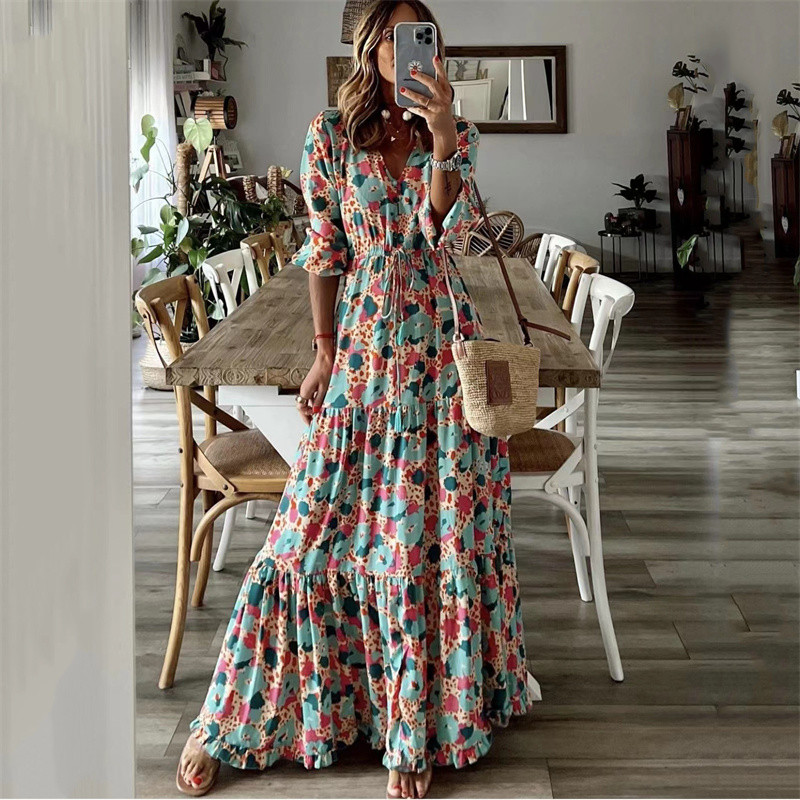 Women's Elegant Bohemian Floral Print Casual Maxi Dress