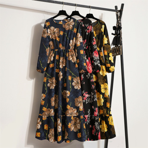 Women Casual Solid Full Sleeve Floral Print O-neck Party Maxi Dress