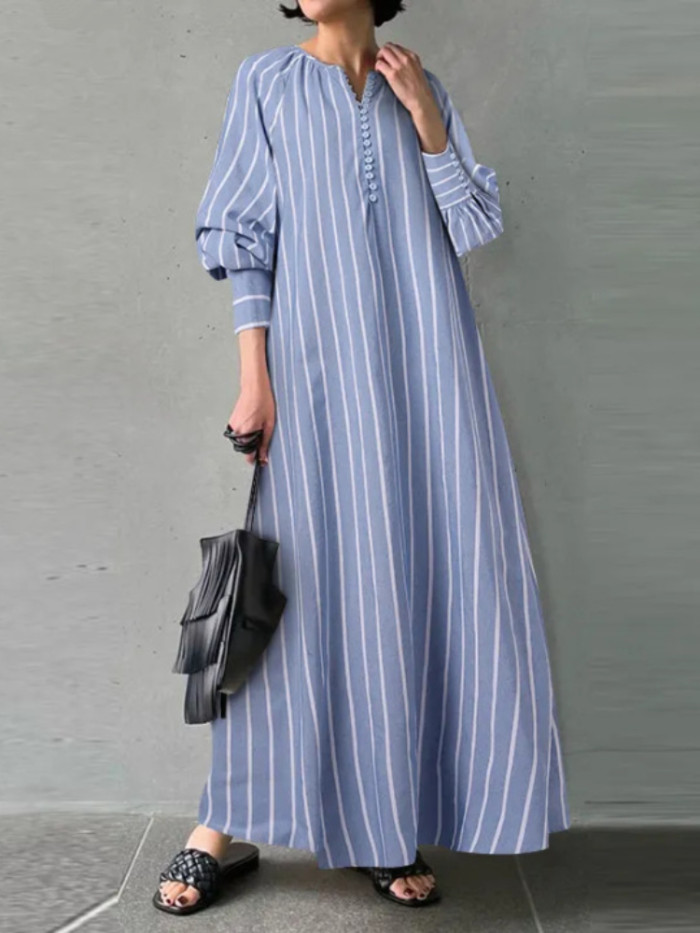 Fashionable Cotton Stripe Loose Casual Irregular Oversized Elegant  Maxi Dress