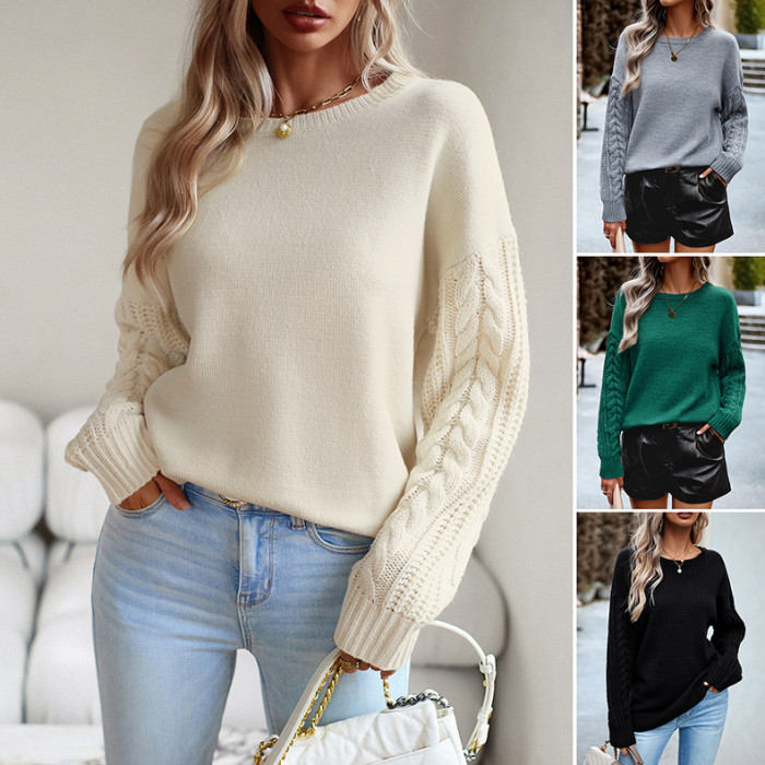 Women's Fashion Casual Solid Color Long Sleeve Knit Crewneck Sweater