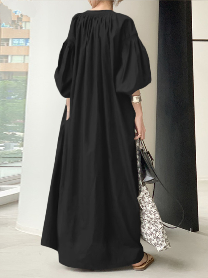Women's Fashion V-Neck Loose Solid Color Simple Fashion Casual Vintage Maxi Dress