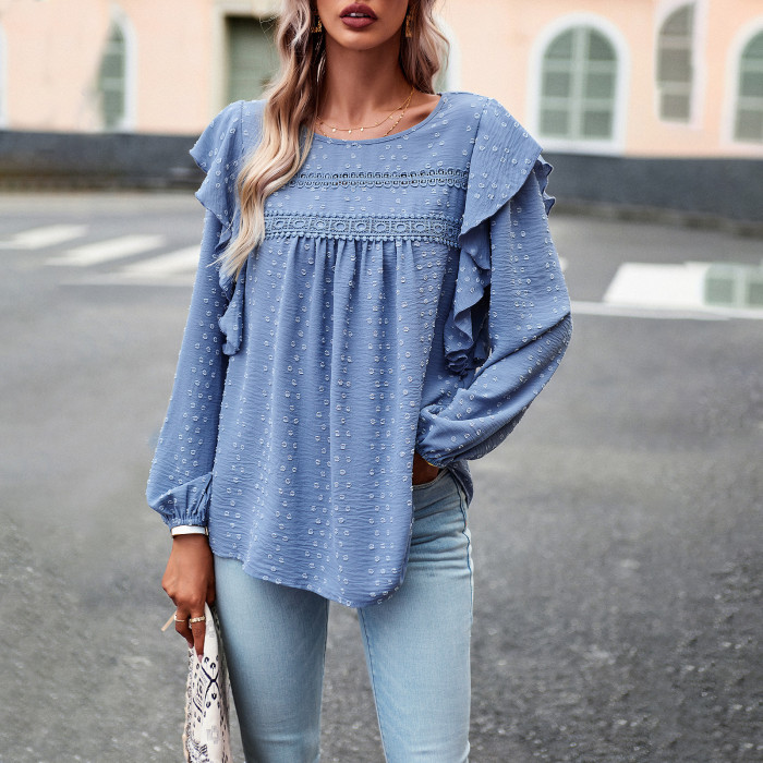 Women's Casual Jacquard Solid Color Long Sleeve Loose Top Shirt
