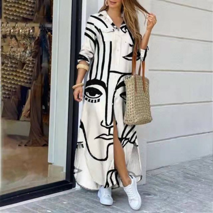 Women's Fashion Single Breasted Lapel Long Sleeve Printed Bohemian Shirt Maxi Dress