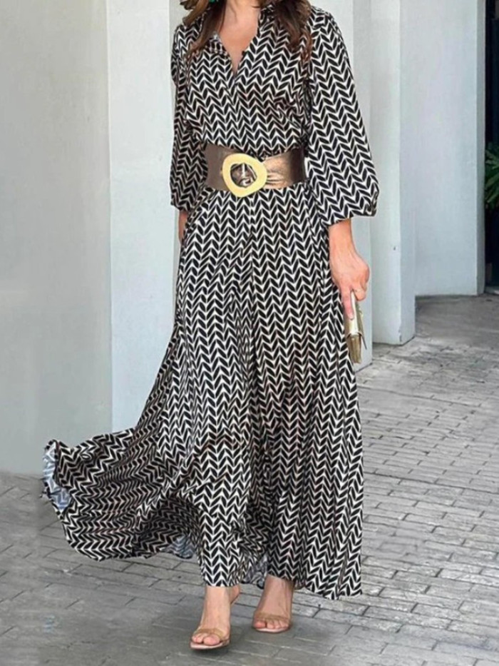 Fashion Casual Printed Long Sleeve Fashion High Street Bohemian V Neck Maxi Dress