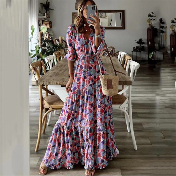 Women's Elegant Bohemian Floral Print Casual Maxi Dress