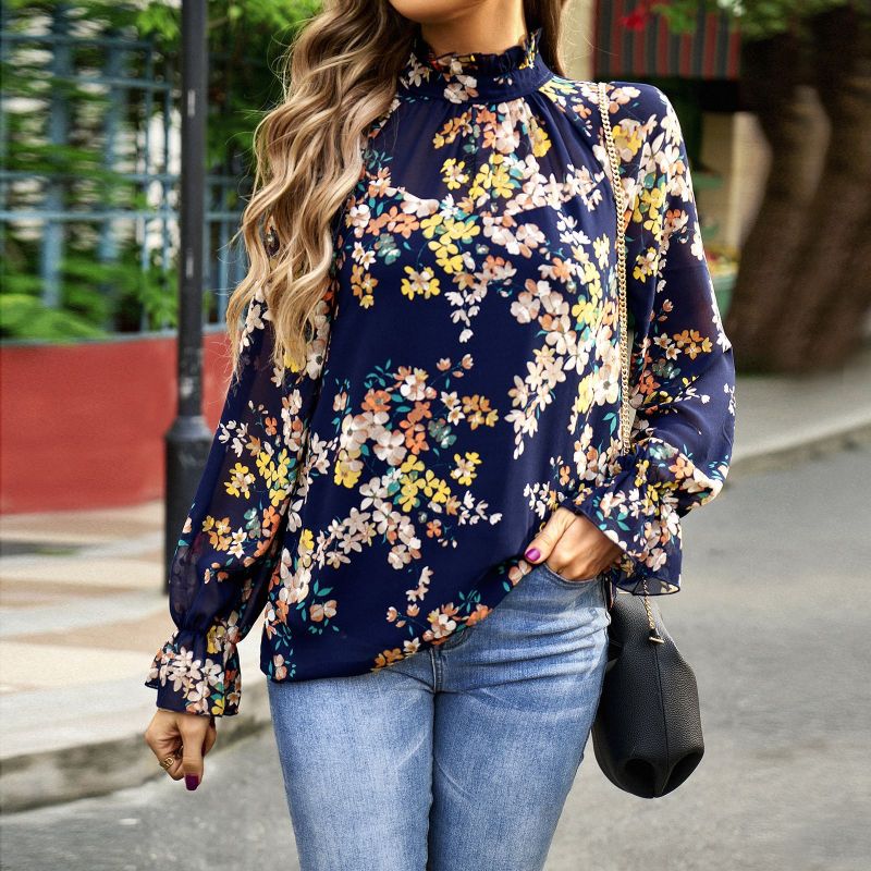 Women's Fashion Casual Flower Print Long Sleeve Shirt