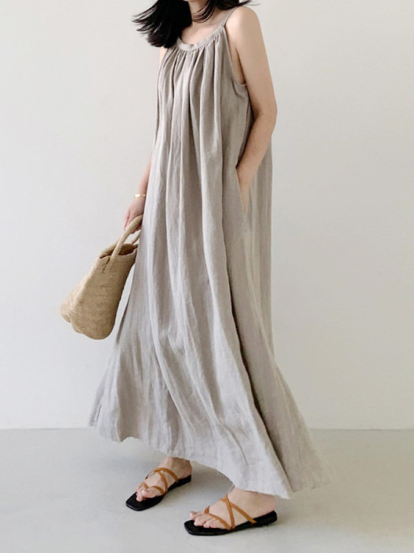 Women Fashion Vintage Oversize Sleeveless Solid Color Elegant Maxi Dress