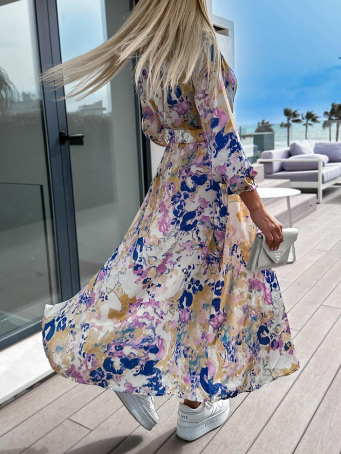 Elegant Floral Print V Neck Party Long Sleeve Maxi Dress