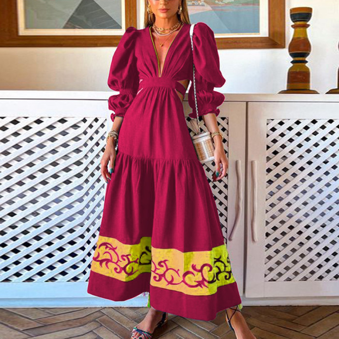 Women V Neck Sexy Elegant Patchwork Loose Casual Maxi Dress