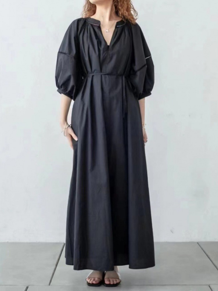 Women's V-Neck Loose Casual Comfortable Puff Sleeve Cotton Maxi Dress