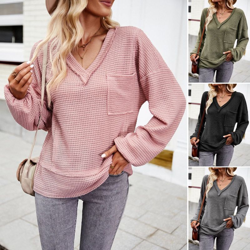 Women's Solid Color V-neck Long Sleeve Top Sweater
