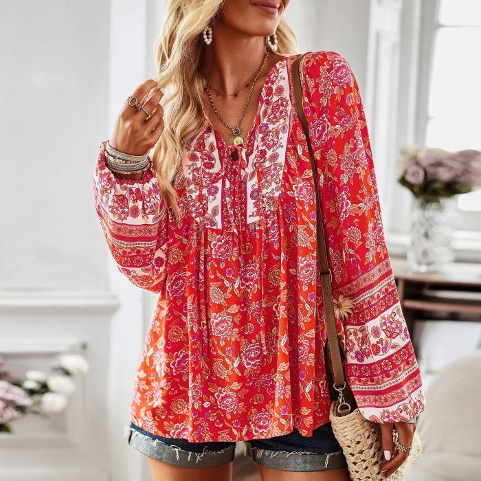 Women's Fashion Casual Print V-neck Long Sleeve Shirt