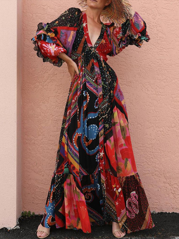 Women Elegant V-Neck Bohemian Loose Fashion Print Vintage Long Sleeve Maxi Dress