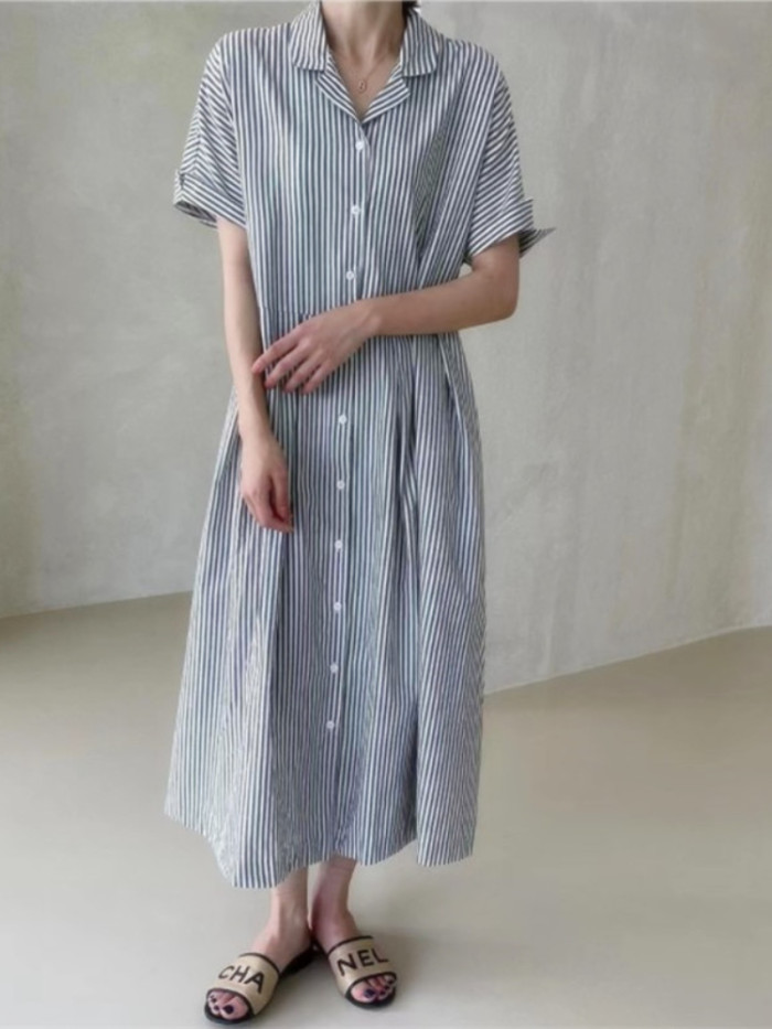 Women's Striped Lapel Street Retro Casual Loose Maxi Dress
