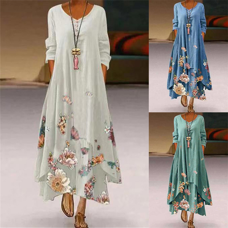 Floral Print Long Sleeve O Neck Irregular Loose Party Maxi Dress