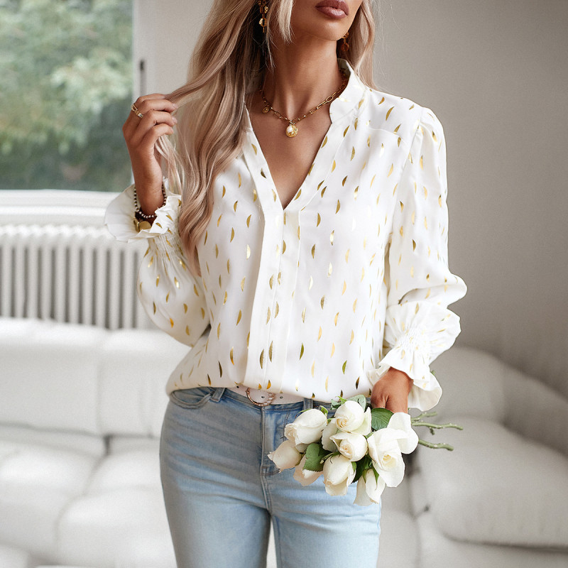 Women's V-neck Fashion Print Long Sleeve Top Shirt