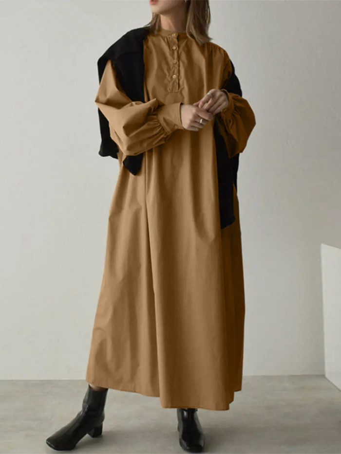 Women Fashion Long Sleeve Vintage Oversize Solid Elegant Maxi Dress