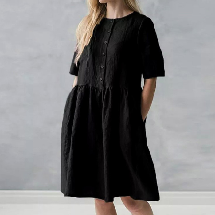 Women Short Sleeve Solid Cotton Linen Round Neck Casual Dress