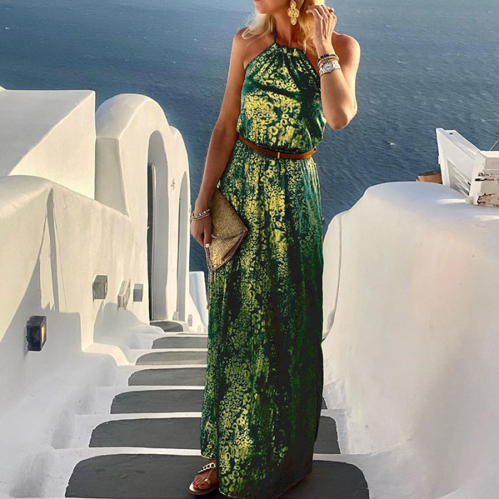 Women Casual Sleeveless Print Loose Beach Style Maxi Dress