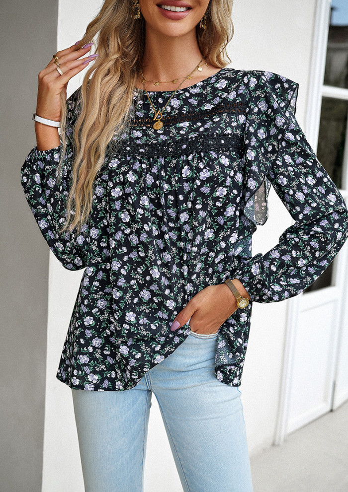Women's Floral Round Neck Long Sleeve Blouse Shirt