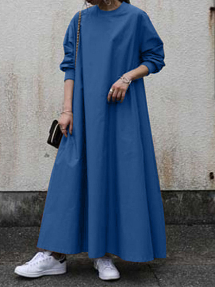 Women's Fashion Casual Pullover Long Sleeve Round Neck Vintage Maxi Dress