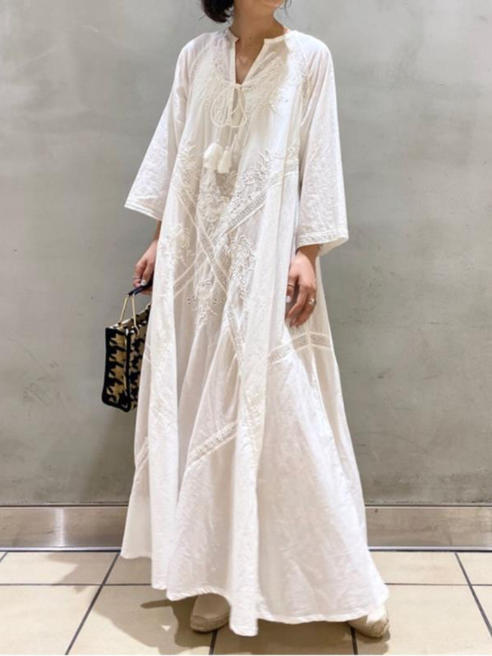 Women's Fashion Loose Embroidery White Lace V Neck Elegant Maxi Dress