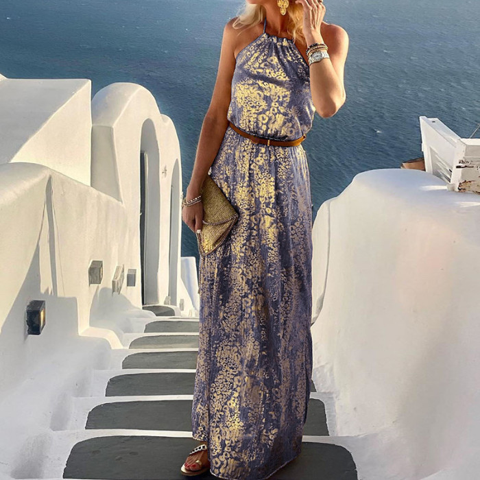 Women Casual Sleeveless Print Loose Beach Style Maxi Dress