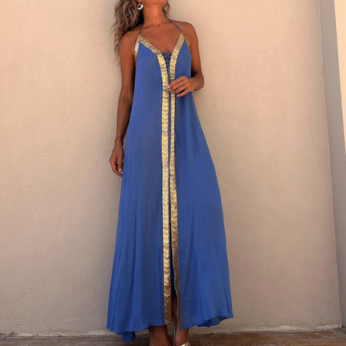 Women V Neck Backless Lace Up Sleeveless Casual Loose Print Maxi Dress