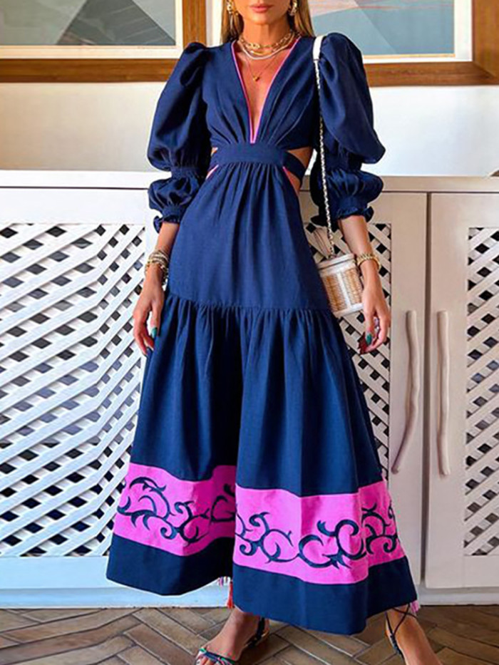 Women V Neck Sexy Elegant Patchwork Loose Casual Maxi Dress