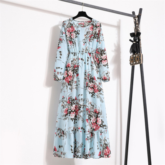 Women Casual Solid Full Sleeve Floral Print O-neck Party Maxi Dress