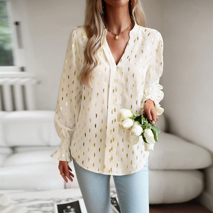 Women's V-neck Fashion Print Long Sleeve Top Shirt