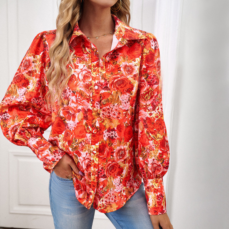 Women's Fashion Lapel Print Long Sleeve Shirt