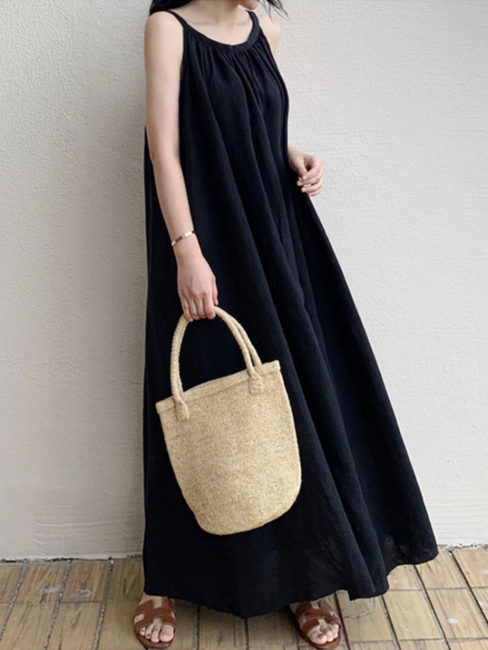 Women Fashion Vintage Oversize Sleeveless Solid Color Elegant Maxi Dress