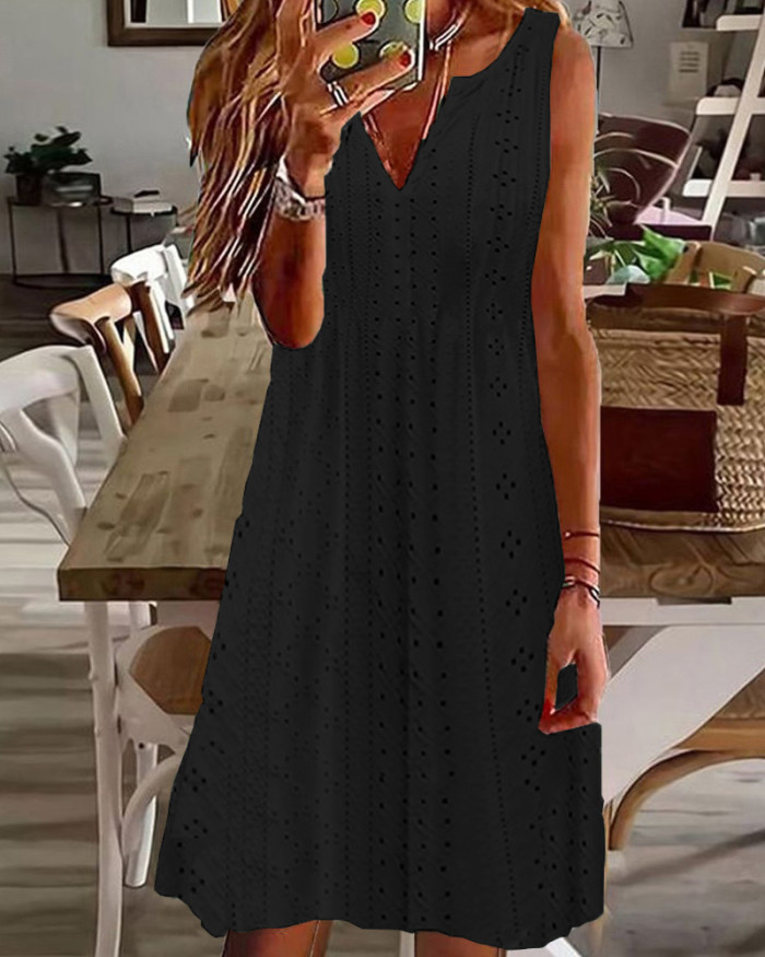 Fashion V-neck Sleeveless Solid Color Hollow Loose Casual Dress