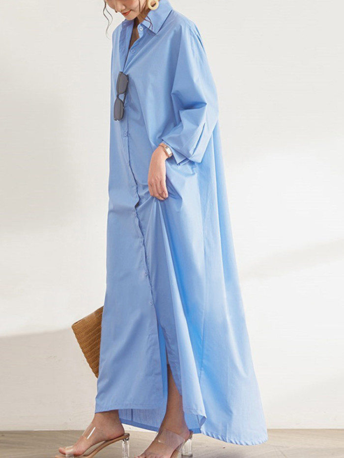 Women's Solid Color Loose Long Sleeve Shirt Elegant Party Maxi Dress