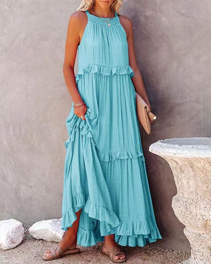 Women Ruffles Loose Solid Color Sleeveless Maxi Dress