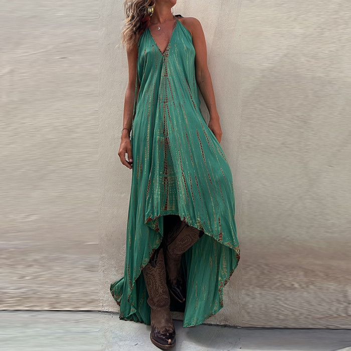 Women V Neck Backless Lace Up Sleeveless Casual Loose Print Maxi Dress