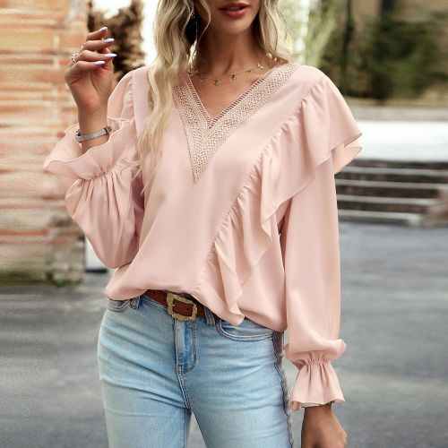 Women's V-neck Long Sleeve Solid Color Casual Blouse