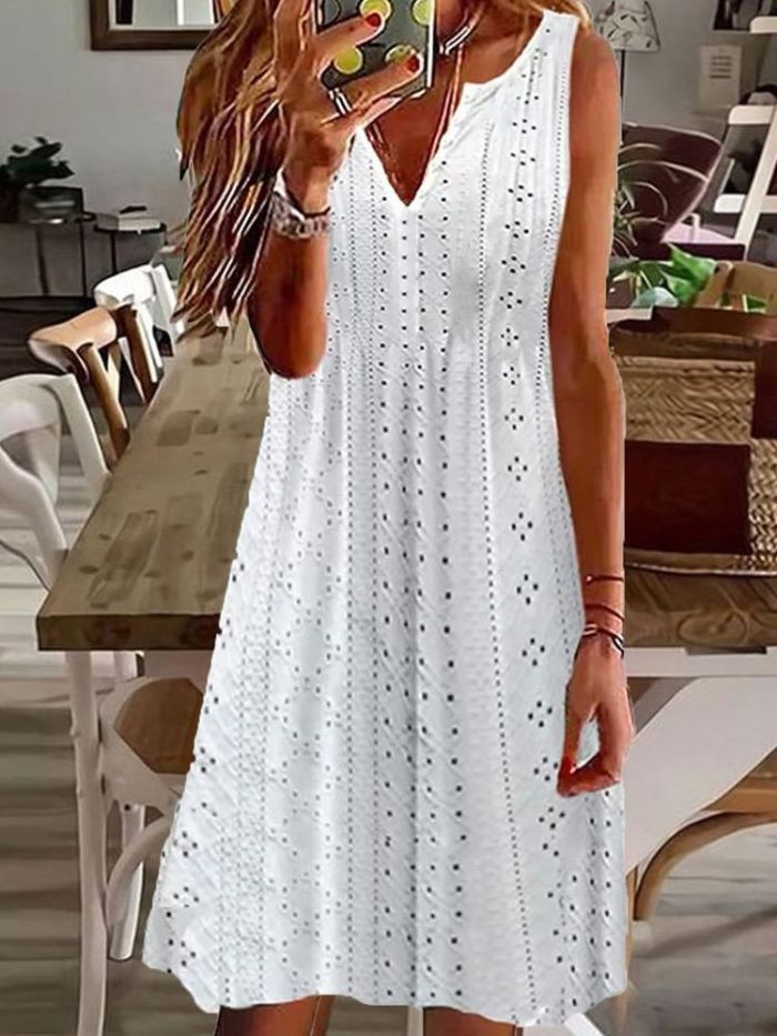 Fashion V-neck Sleeveless Solid Color Hollow Loose Casual Dress