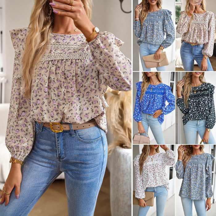 Women's Floral Round Neck Long Sleeve Blouse Shirt