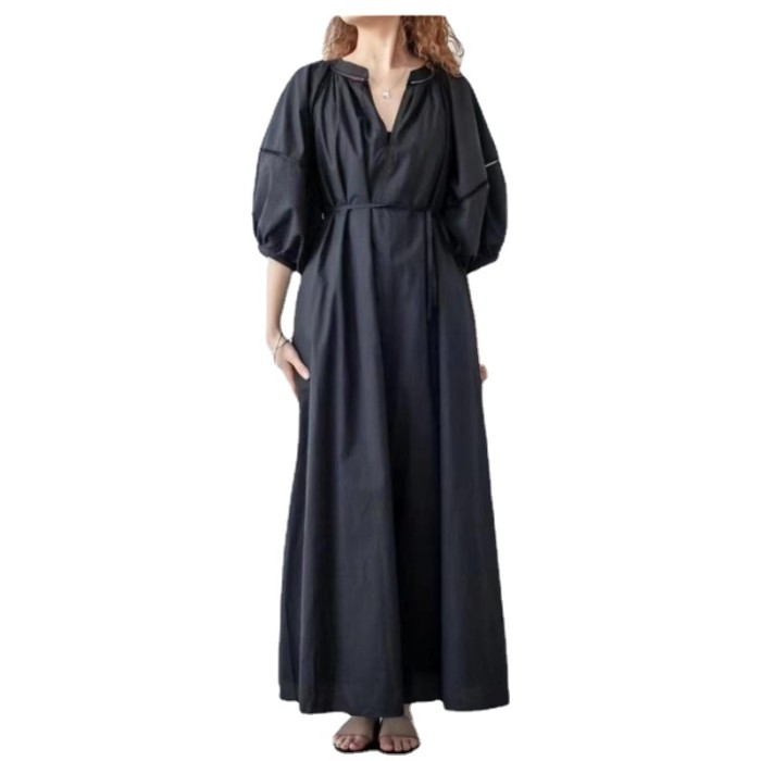Women's V-Neck Loose Casual Comfortable Puff Sleeve Cotton Maxi Dress