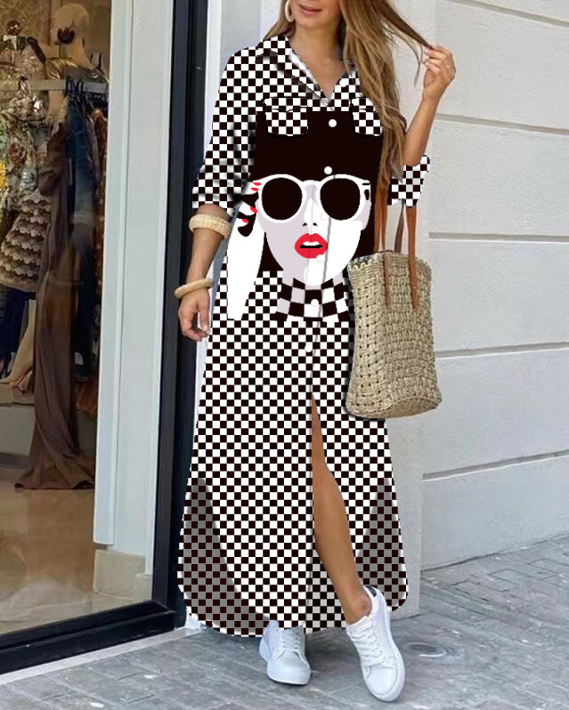 Women's Fashion Single Breasted Lapel Long Sleeve Printed Bohemian Shirt Maxi Dress